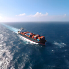 High aerial top down view of a large container cargo ship in motion over open ocean with copy space as a concept for import and export industry created with Generative AI technology.