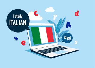 Online education. Italian language online course. Distance education. Italian dictionary. Vector illustration. 