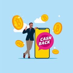 Businessman standing near smartphone. Digital saving money online bitcoin. Modern vector illustration in flat style