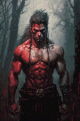 Fototapeta na wymiar werewolf man in blood in forest. Generative AI illustration