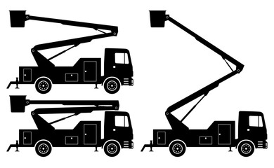 Bucket truck silhouette on white background vector illustration. Cherry picker truck icons set view from side