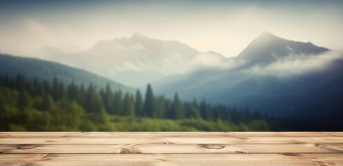Wooden table against mountain background. Illustration AI Generative.
