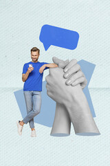 Poster template banner collage of young guy using smart gadget texting with friends helping support