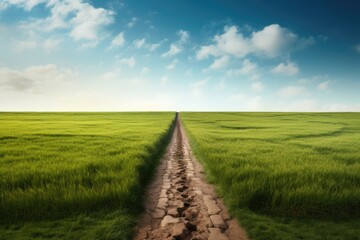 The landscape of grass fields and blue sky road leading off into the distance. Generative Ai.