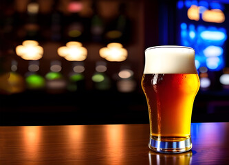 Glass of beer with a blurred bar in background. 