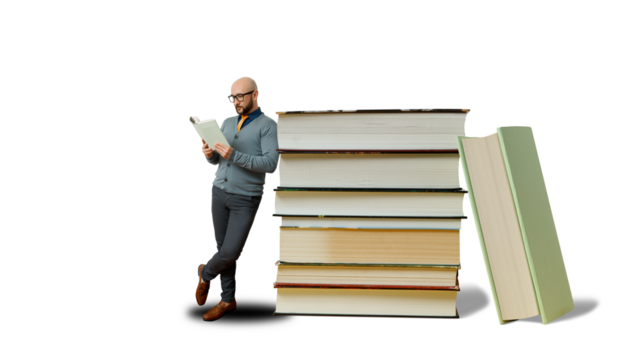 person with stack of books png file