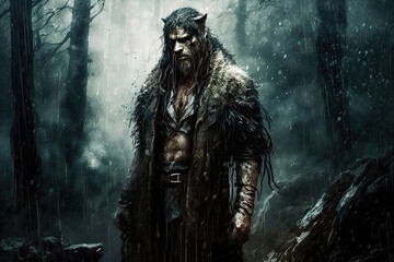 Fototapeta premium werewolf man in dark foggy forest. Generative AI illustration
