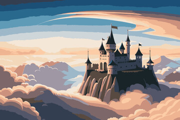 Fototapeta na wymiar Fantasy castle in the clouds. Fairytale castle. Cute cartoon castle. Vector illustration.