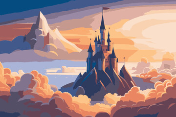 Fantasy castle in the clouds. Fairytale castle. Cute cartoon castle. Vector illustration. - obrazy, fototapety, plakaty