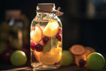 Fototapeta na wymiar Detox water in a glass bottle with fruits, macro, Generative AI