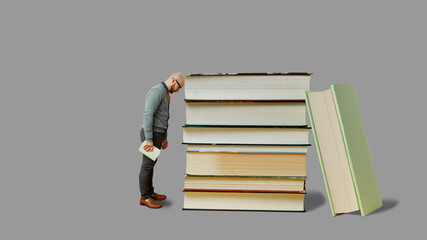 A man person thinking  the book with a big set of books png file 