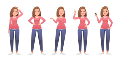 Obraz premium A young woman stands with a smartphone in her hand, dissatisfied with her hands at her sides, thinks about something, points to something. Lady in full growth character set. A beautiful white girl
