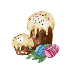 easter cake with eggs. 
Christian Easter. happy easter .holiday cake. Easter eggs and eggs. painted eggs watercolor. vector illustration. festive composition. religion