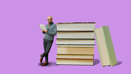 A man person read the book with a big set of books png file 