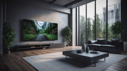 Fototapeta na wymiar Elegant designed living room with big television screen. Al generated