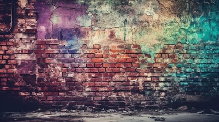 Obraz premium Magenta purple red brown green old brick wall. Toned colorful grunge background. Space. Design. Cracked, broken, crumbled. Color gradient. Horror, spooky, creepy, scary, frightening.