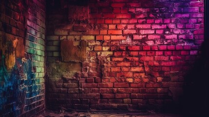 Magenta purple red brown green old brick wall. Toned colorful grunge background. Space. Design. Cracked, broken, crumbled. Color gradient. Horror, spooky, creepy, scary, frightening.