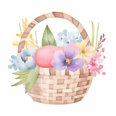 Watercolor summer flowers in basket. Illustration AI Generative.