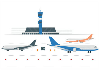Airport Terminal With Aircraft Flying Plane Taking Off. Isometric airport building and runway, plane taking off. International airport terminal isolated vector illustration. City airport runway strip.