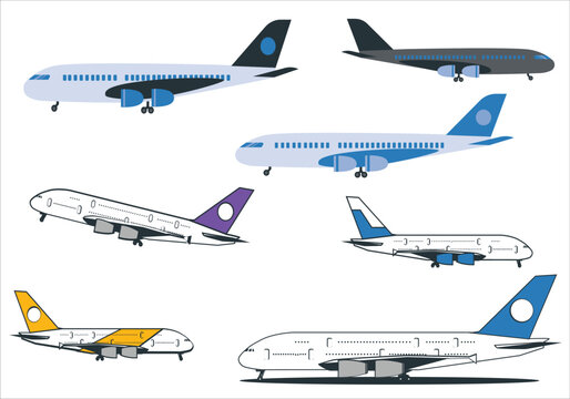 Real jet planes set. Vector airplanes set. Aviation illustration set in flat style. Flat airplane. Aircraft flight travel, aviation wings and landing airplanes, plane front flights in air. Flying plan
