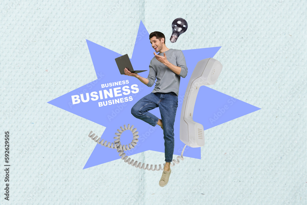 Poster poster picture collage of business person working remote present idea invention company improvement 
