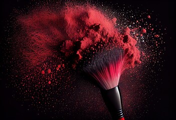 Make-up brush with red powder explosion on black background, AI generative. Generative AI