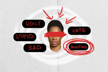 Illustration photo collage young person suffer hate humiliation ugly stupid bad shaming blaming...