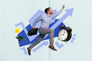 Poster banner template collage of young business person run fast late for work hurry up deadline...