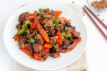 Stir-Fried Spicy Chicken with Bell Peppers, Asian Chicken Appetizer Top Down Photo 