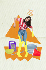 Magazine template collage of exhausted lady house wife doing housework duty multitasking gender...