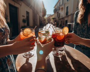 Fototapeta Freundinnen stoßen gelassen mit Cocktails  in einer Altstadt bei Sonnenschein an obraz