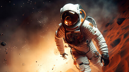 Fototapeta premium An astronaut runs from the Martian storm, Generative AI