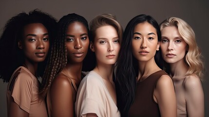 women of different ethnicities posing at camera, enjoy being as they are. bodypositive, plus size model, skinny model. ai generative.