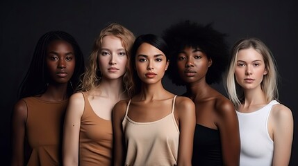 women of different ethnicities posing at camera, enjoy being as they are. bodypositive, plus size model, skinny model. ai generative.