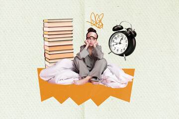Picture collage photo student tired studying early awakening sleepy have to learn Monday morning...