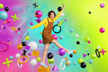 Template banner collage of excited young lady appear from portal in metaverse step road with...