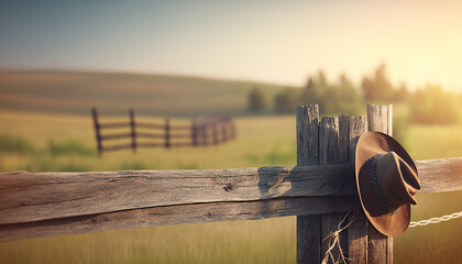 Rural background with cowboy hat on wooden fence. Rustic sunset outdoor backdrop. AI generative image. - obrazy, fototapety, plakaty