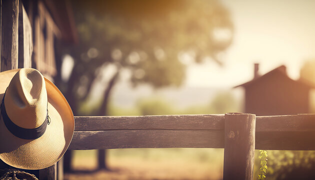 Rural background with cowboy hat on wooden fence. Rustic sunset outdoor backdrop. AI generative image.