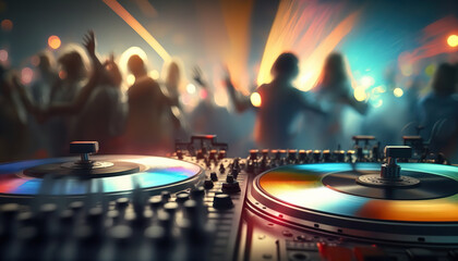 Professional dj music mixing turntable console on the foreground and blurred crowd of dancing people on backdrop. Club party event poster horizontal template. AI generative image. - obrazy, fototapety, plakaty