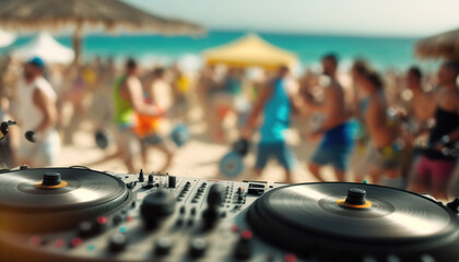 Day light beach music party with close up dj turn table controller and blurred group of people on the outdoor backdrop. Invitation promo poster template. AI generative image.