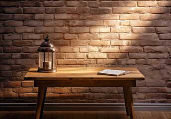 Rustic Charm A Moody Wooden Table Top Against a Distinct Brick Wall