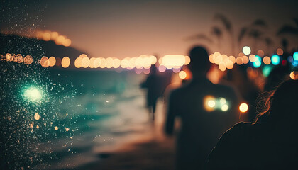Night beach party with blurred dancing crowd of people having fun. AI generative image.