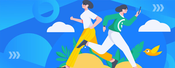 Vector internet operation hand-drawn illustration of people exercising and running healthy
