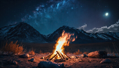Close up campfire with bright flame. Stunning scenery mountains landscape. Outdoor background. AI generative image. - obrazy, fototapety, plakaty