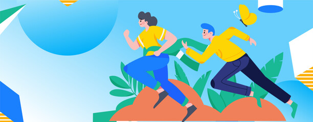 Vector internet operation hand-drawn illustration of people exercising and running healthy
