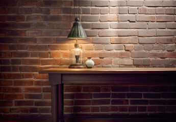 Rustic Charm A Moody Wooden Table Top Against a Distinct Brick Wall