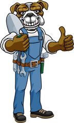 A bulldog gardener cartoon gardening animal mascot holding a garden spade tool and giving a thumbs up