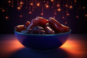 decorated dates in a bowl with bokeh background