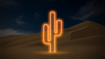 Creative design for wallpaper, background and banner with orange neon colored cactus shape standing on desert at night with starry sky. Fluorescent light, design element. Abstract art