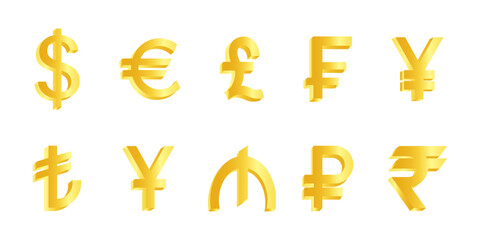 3d gold currency symbol set. - obrazy, fototapety, plakaty